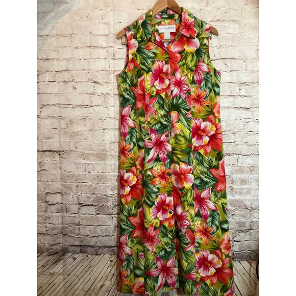 Sag Harbor Shirt Dress Womens 12 Midi Pink Tropical Floral Full Button Front - Picture 1 of 12